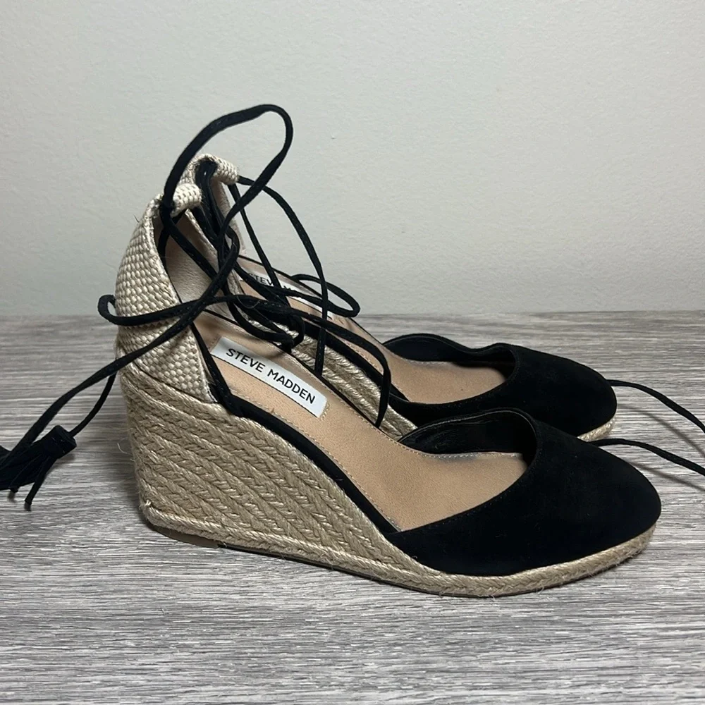 Steve Madden Black and Natural Espadrille Wedge Sandals